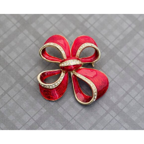 Vintage Mid Century Red Bow Brooch G15 - Picture 1 of 2